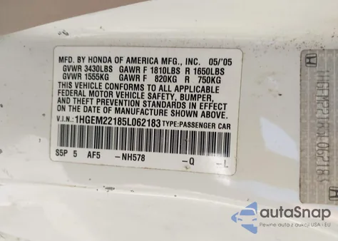 2005 Honda Civic Vp z USA, uszkodzony, nr VIN 1HGEM22185L062183